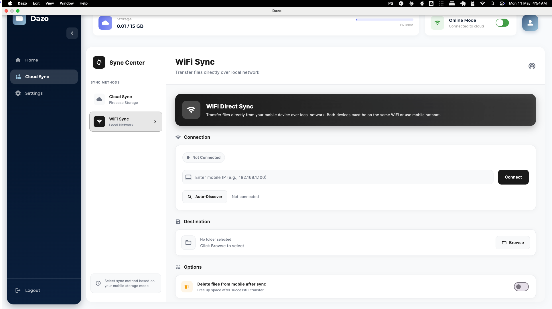 WiFi Sync screen